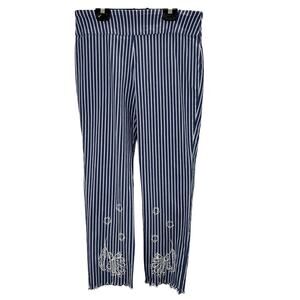 Attyre Cropped Pull On Pants 8 Blue White Stripe Embroidered Scalloped 30" Waist